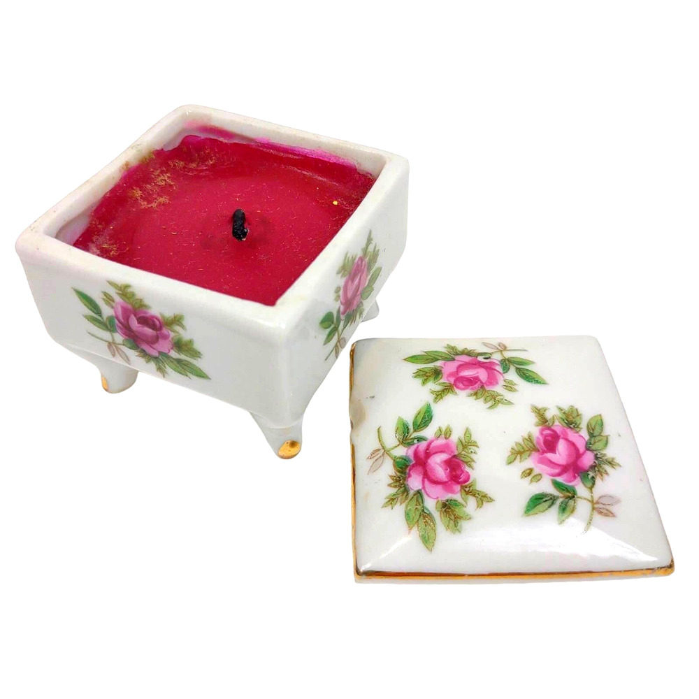 Gold Footed Japan Porcelain Trinket Box Hand Painted Roses Gold Trimmed Candle
